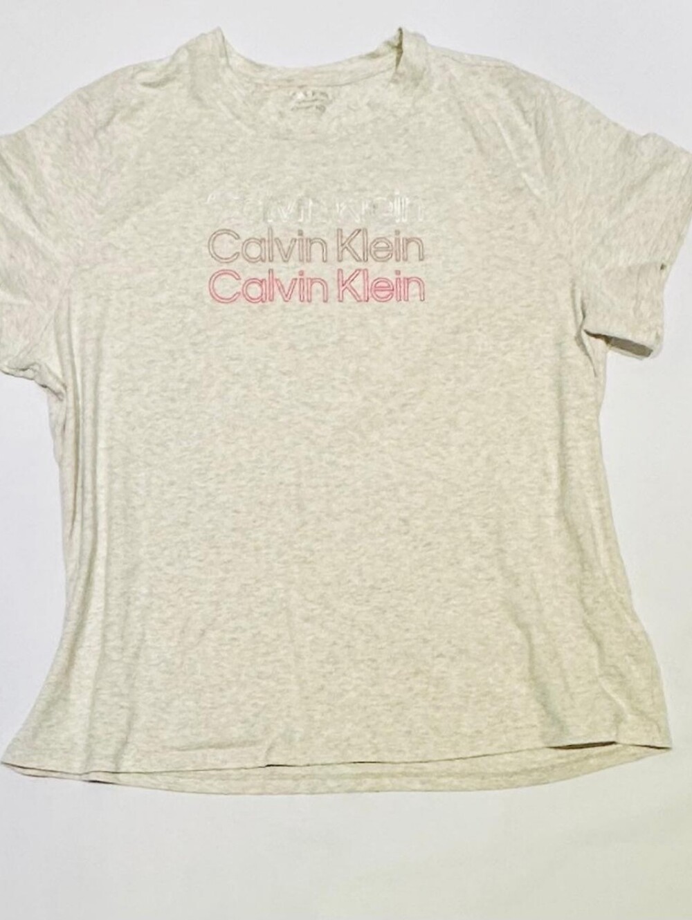 Calvin Klein Logo Tee in Heather Cream with Pink Accent